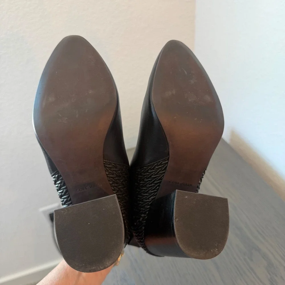 Cole Haan Grand.OS Black Leather Woven Mixed Media Block Heel Boots W08626‎ 6B